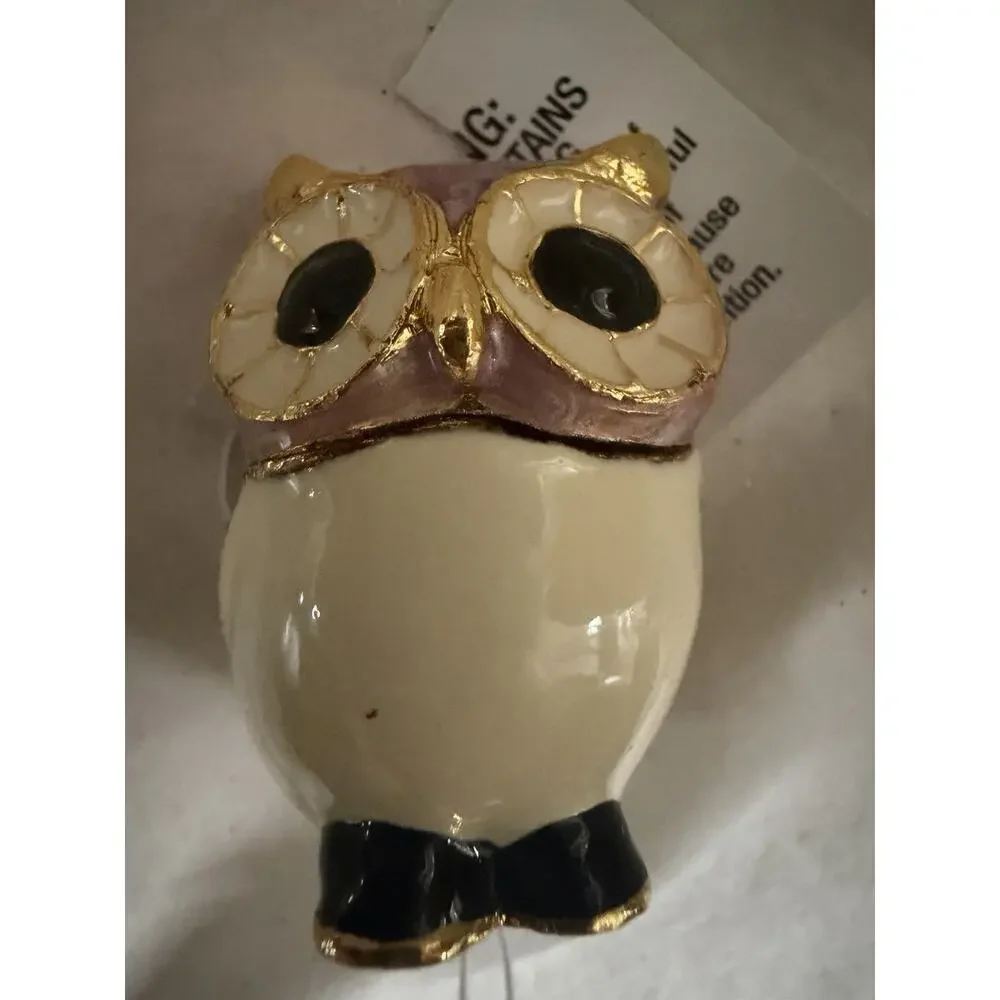 Owl Trinket Box Jeweled Purple Green Hinged Keepsake Box w/ Tag